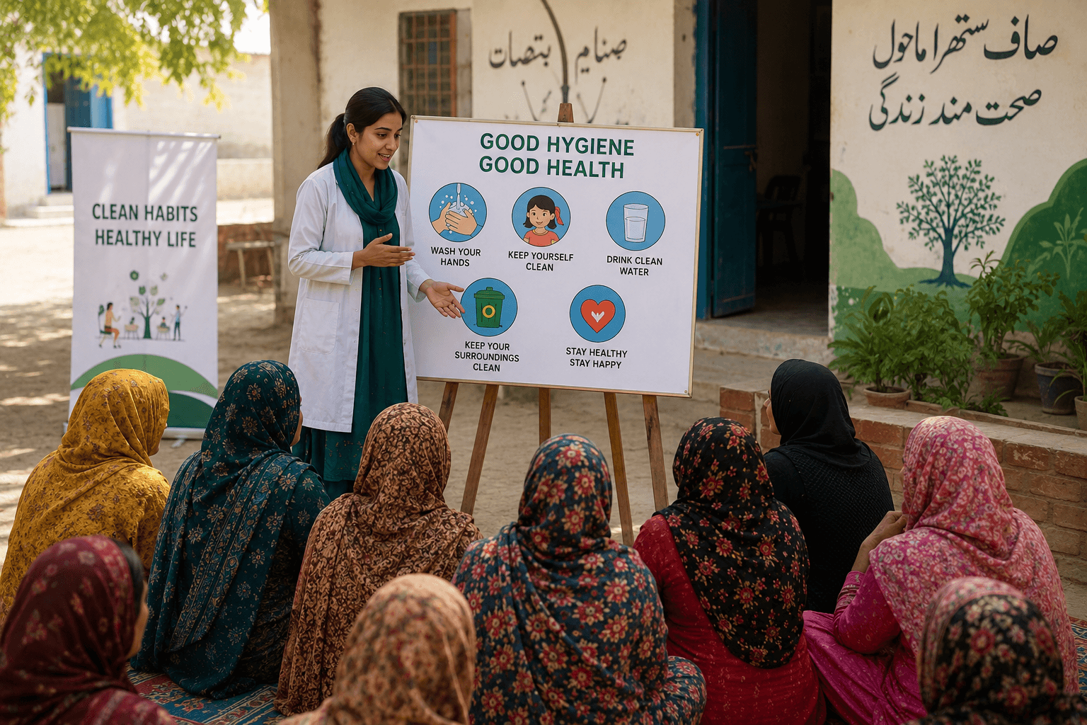 Health educator presenting Good Hygiene Good Health session to women seated outdoors