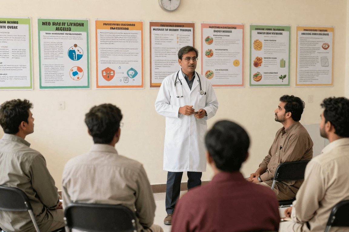 Medical team collaborating around a conference table with charts and care notes